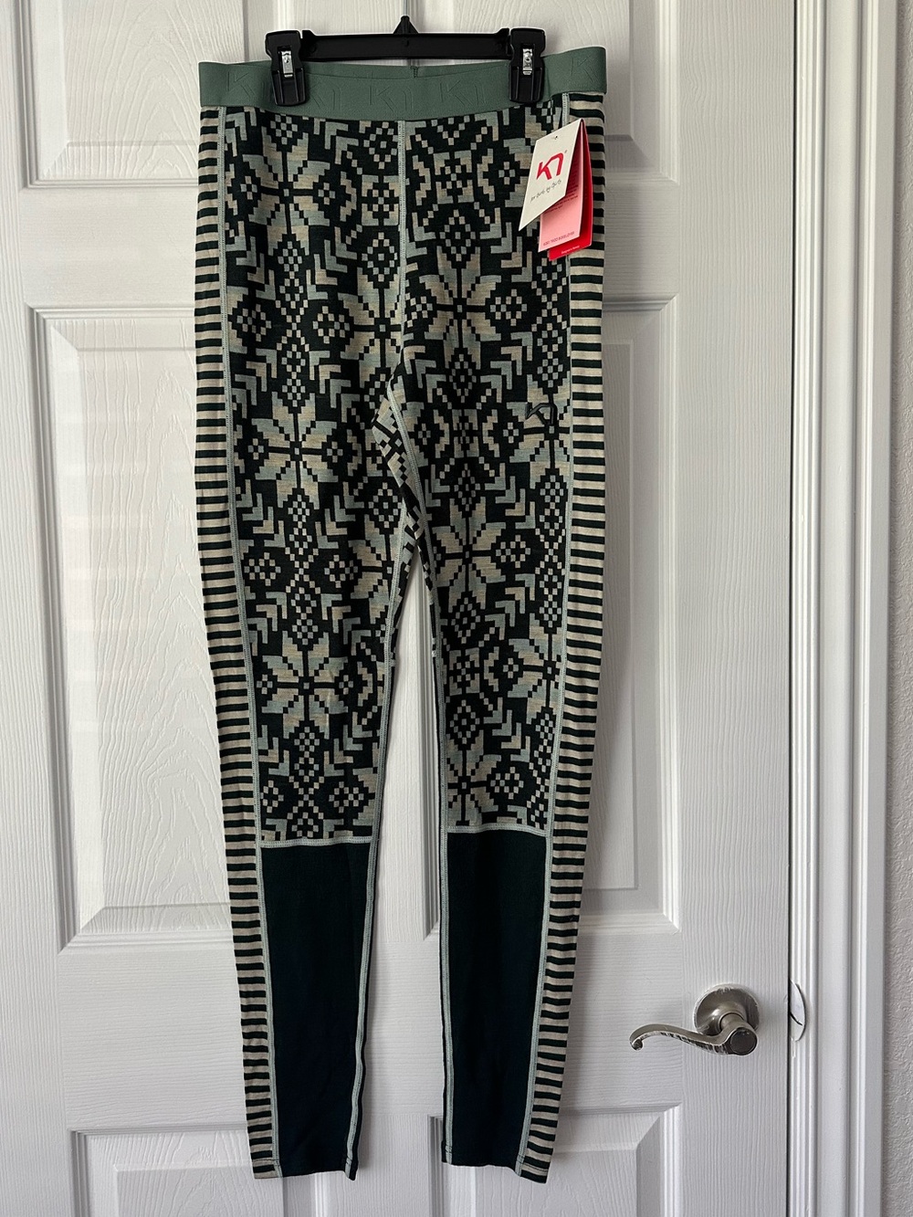 Kari Traa Lune Baselayer L Green Fair Isle Geometric Thermal Leggings